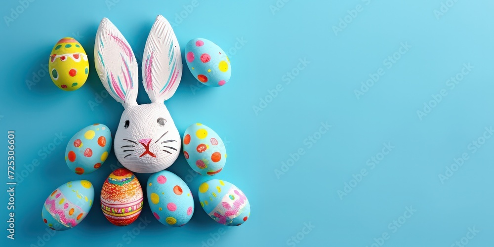 Easter eggs come together on a vibrant blue background to cleverly form the playful face of a rabbit. A blank space is left for the insertion of text.