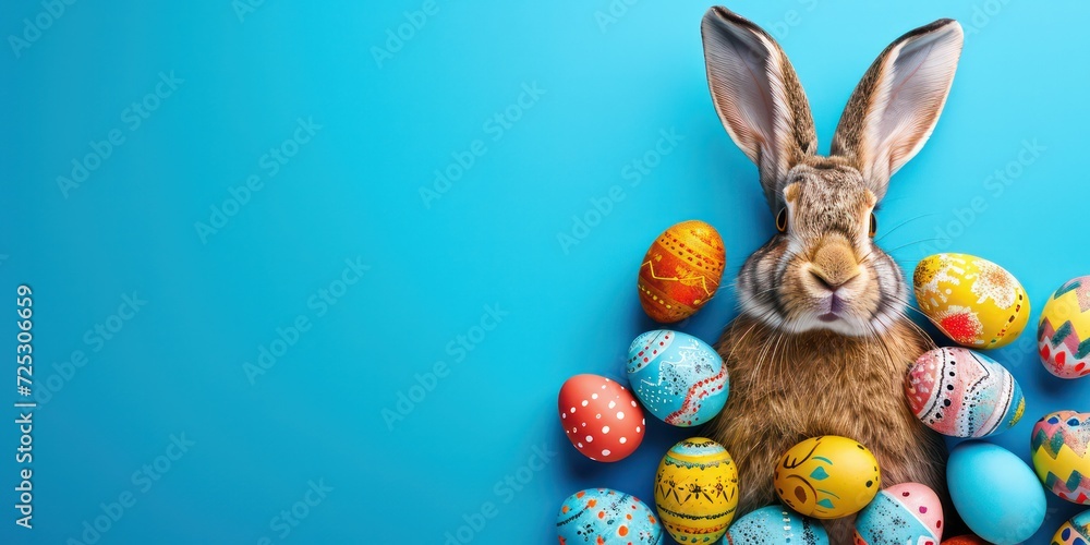 Easter eggs come together on a vibrant blue background to cleverly form the playful face of a rabbit. A blank space is left for the insertion of text. Easter eggs come together on a vibrant blue background to cleverly form the playful face of a rabbit. A blank space is left for the insertion of text.