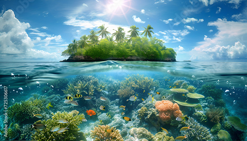 tropical island with fish swimming underwater