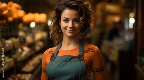 bustling retail store, a woman worker stands out with her genuine smile. Dressed in a neat apron, she represents the heart of the store, be it a grocery, bakery, or pharmacy
