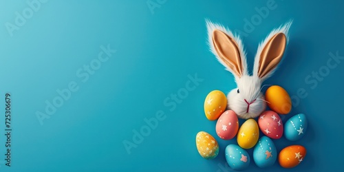 Easter eggs come together on a vibrant blue background to cleverly form the playful face of a rabbit. A blank space is left for the insertion of text. photo