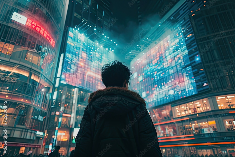 Neon lights and bustling streets. Nighttime view of city urban splendor. Skyscrapers towering over colorful billboards in modern at dusk. Travelers exploring vibrant business district of busy city Neon lights and bustling streets. Nighttime view of city urban splendor. Skyscrapers towering over colorful billboards in modern at dusk. Travelers exploring vibrant business district of busy city