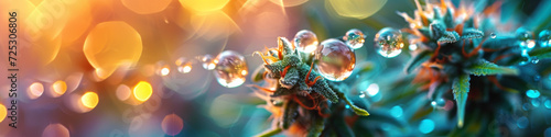 Shimmering Cannabis Buds with Dew. Cannabis buds covered in dew shimmering under a warm light.