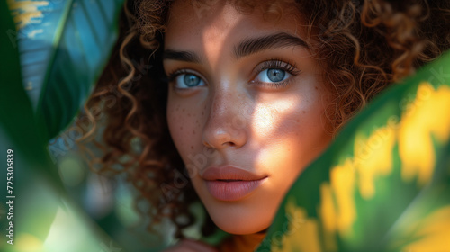 portrait of a woman,Glamour portrait of a beautiful woman model, Portrait of a young and beautiful woman with perfect smooth skin in tropical leaves. Concept of natural cosmetics and skincare.