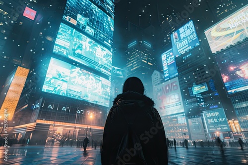 Neon lights and bustling streets. Nighttime view of city urban splendor. Skyscrapers towering over colorful billboards in modern at dusk. Travelers exploring vibrant business district of busy city photo