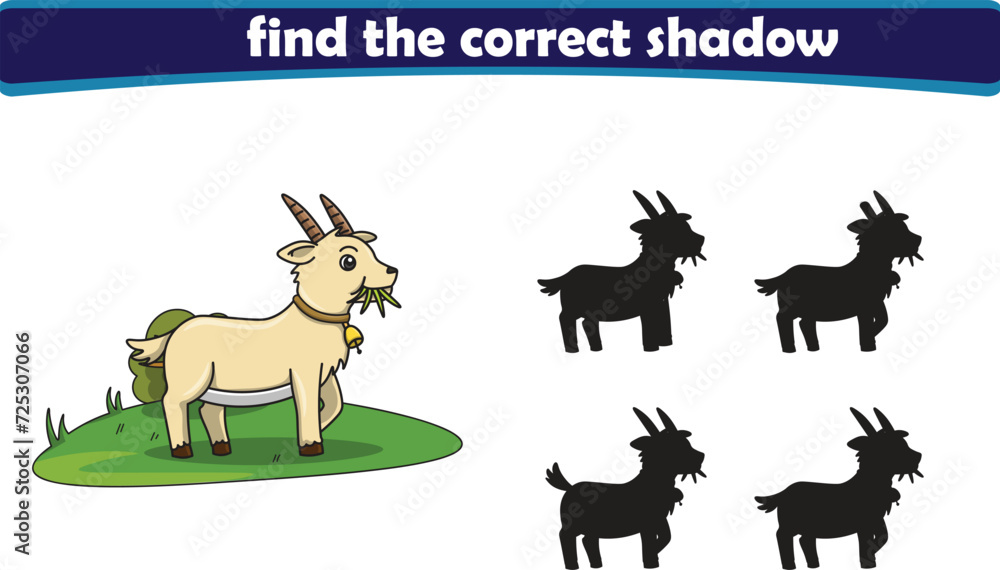 Cute goat. found the correct shadow. Kids Education games. Cartoon vector illustration	