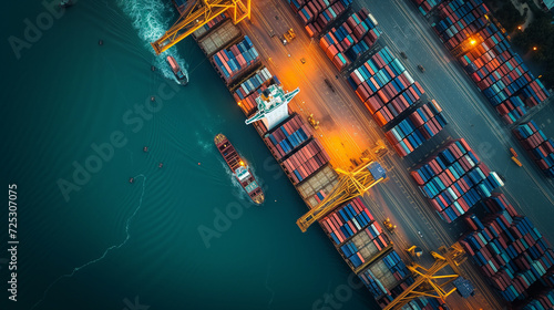 Container cargo ship loading at port, Freight transportation import export and business logistic by container ship, Aerial top view