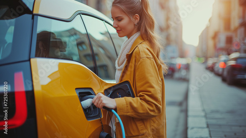 woman charging electric ev car in the city