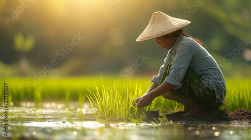 Asian Thai woman planting new rice plants at a rice paddy field during sunset with soft warm light