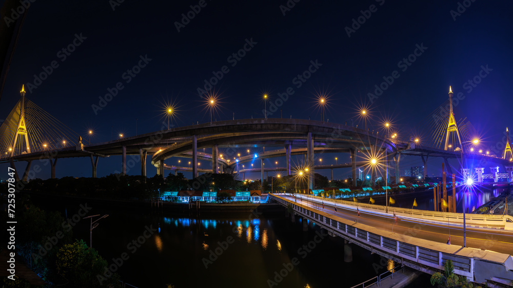 Night scene shot and over starlight effect, Bhumibol bridge and reflection of water. bangkok thailand, wide angle cityscape at night