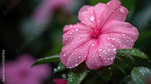 Close-up of a pink flower adorned with glistening water droplets, a refreshing and delicate sight, Ai Generated. © Crazy Juke