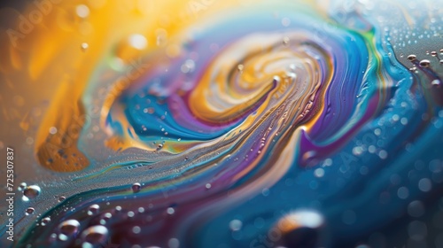Close-up of a soap bubble adorned with colorful swirls, a mesmerizing and ephemeral art, Ai Generated.