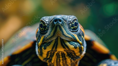 Close-up of a turtle with its head turned toward the camera, a curious and endearing reptile, Ai Generated.