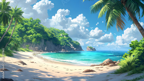 Beautiful tropical beach along the coastline, seaside, coconut tree side view of sandy beach. blue sky, background wallpaper. photo