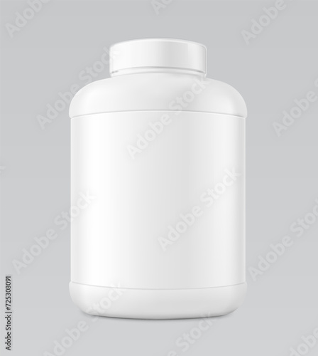 Plastic bottle mockup for sports nutrition. Vector illustration isolated on grey background. Can be use for template your design, presentation, promo, ad. EPS10.