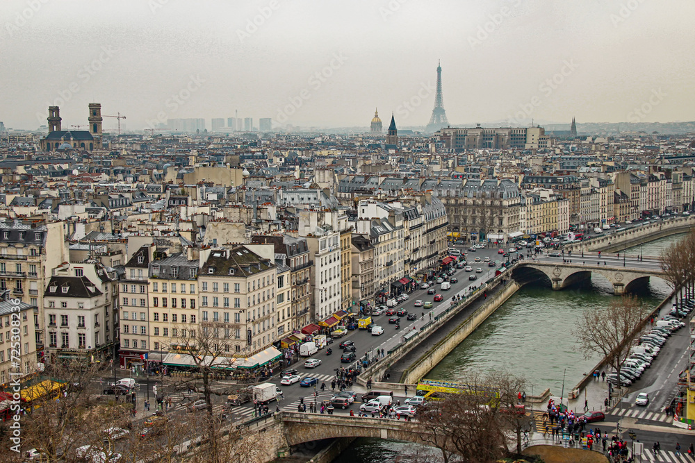 The aerial view of the city of Paris and the River Seine from the rooftop of the Notre-Dame de Paris