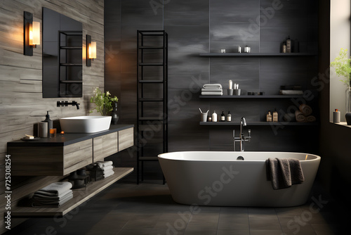 minimalist bathroom interior design in black  light gray and white with furniture