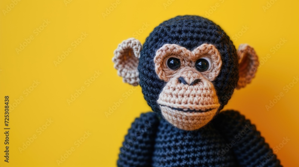 Crocheted chimpanzee toy vibrant backdrop, handcrafted and adorable, Ai Generated
