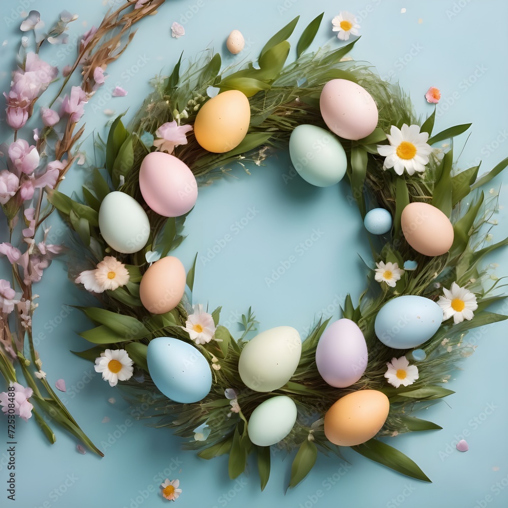 top view of spring easter composition with pastel easter eggs laying on a wicker wreath on a light blue background top view of spring easter composition with pastel easter eggs laying on a wicker wreath on a light blue background