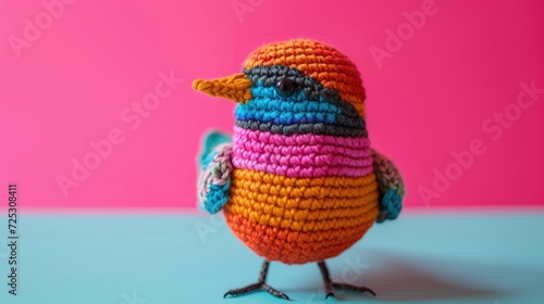 Crocheted bird toy vibrant backdrop, handcrafted and adorable, Ai Generated