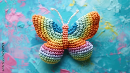 Crocheted butterfly toy vibrant backdrop, handcrafted and adorable, Ai Generated