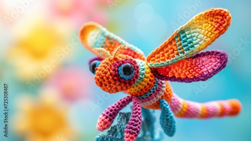 Crocheted dragonfly toy vibrant backdrop  handcrafted and adorable  Ai Generated