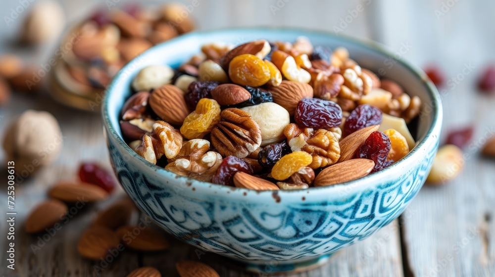 Gathered in a bowl, a mix of nuts and dried fruits offers a nutritious snack, Ai Generated Gathered in a bowl, a mix of nuts and dried fruits offers a nutritious snack, Ai Generated