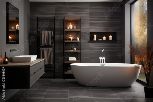 minimalist bathroom interior design in black  light gray and white with furniture