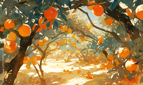 Watercolor, orange grove with lots of oranges growing on the trees , Generative AI photo