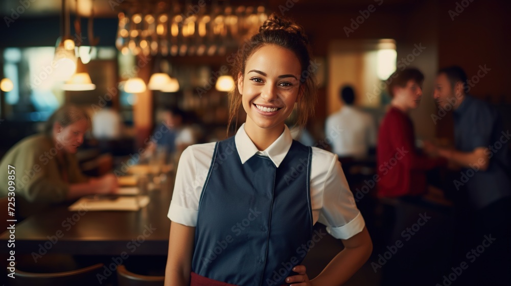 A portrait of a cheerful waitress serving customers in a vibrant restaurant environment