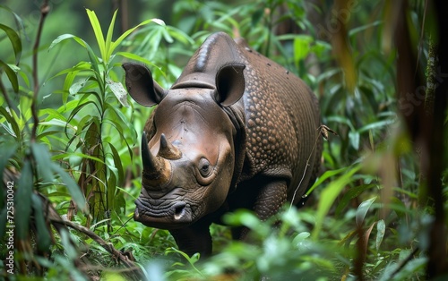 A Sumatran rhino in a tropical forestnatural habitat,Red list. Red book concept photo