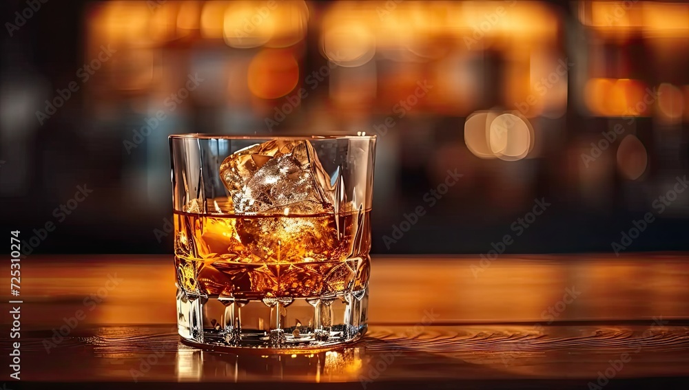 Golden whiskey in glass with ice cubes set rustic wooden background. Single shot of scotch perfect for pub or bar celebration. Vintage luxury in cocktail captured in close up with no people Golden whiskey in glass with ice cubes set rustic wooden background. Single shot of scotch perfect for pub or bar celebration. Vintage luxury in cocktail captured in close up with no people