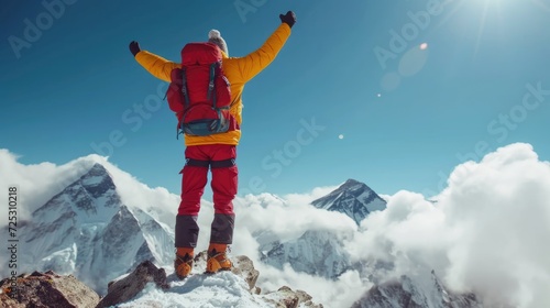 backside of a hiker at mount Everest, Himalayas, China. photo