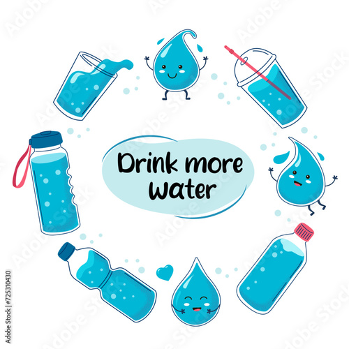 Concept drink more water. Water in glass, plastic bottle,  thermos. Collection of cute water cartoon drops characters2.