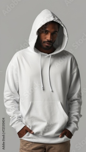 A handsome young man in a white jacket and white jeans on a grey background. Mockup design, free space for logo