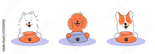 Dogs licks mouth and dreams of food. Pet Shop logos. Design store goods and food for animals. Vector Illustration 