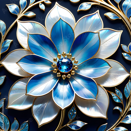 AI prompt: 4K+ graphic of an intricate ragrass flower with mother-of-pearl, gemstones, and gold, capturing a captivating and enchanting atmosphere.(Generative AI)