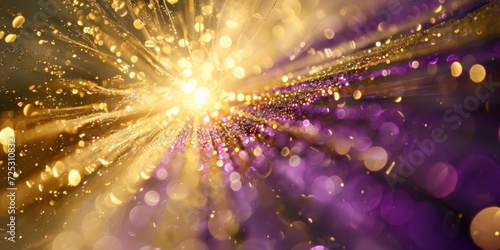 Closeup of a starburst pattern in gold and purple glitter confetti, sunlit to create a dazzling, starry-night bokeh