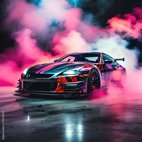 Drifting car on dark background with smoke. Supercar in motion. Sports car drifting in smoke. Generative AI