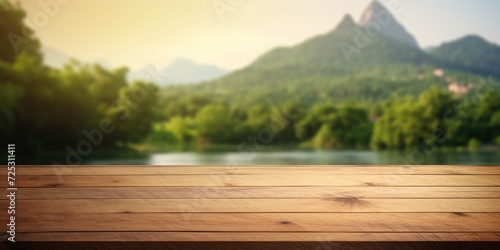 The empty wooden brown table top with blur background of river and mountain. Exuberant image. generative AI
