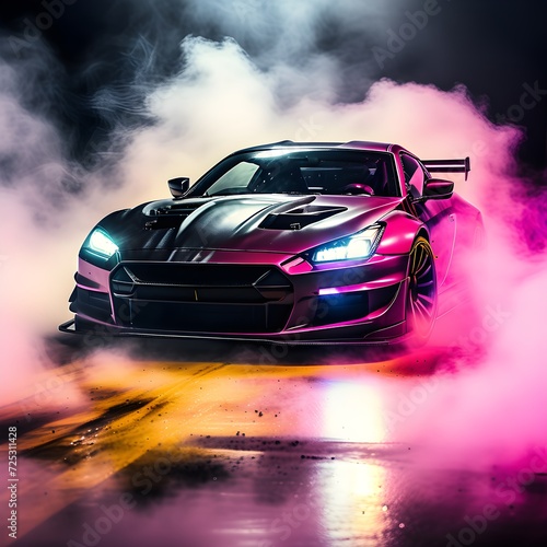 Drifting car on dark background with smoke. Supercar in motion. Sports car drifting in smoke. Generative AI © Janis