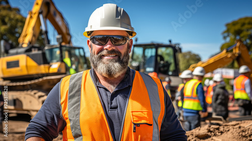 A bearded middle aged construction worker or foreman at a construction site, wearing protective goggles and smiling at camera on construction site on a while heavy machinery working. 