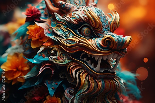 Head of a festive Chinese dragon at the Chinese New Year festival