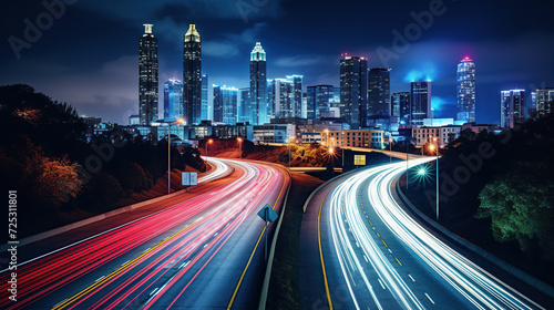 bustling cityscape at night, showcasing the vibrant light trails created by the rush of traffic