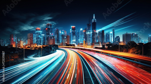 Dazzling Nighttime View of Light Trails on City Highway With Illuminated Skyscrapers