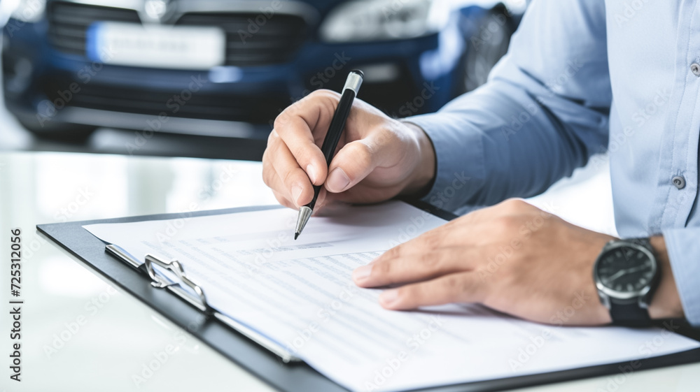 Man signing car insurance document or lease paper. Writing signature on contract or agreement. Buying or selling new or used vehicle.
Man signing car insurance document or lease paper. Writing signature on contract or agreement. Buying or selling new or used vehicle.