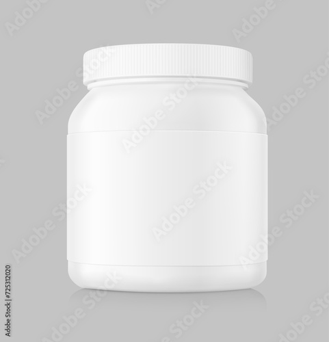 Plastic bottle mockup for sports nutrition. Vector illustration isolated on grey background. Can be use for template your design, presentation, promo, ad. EPS10.