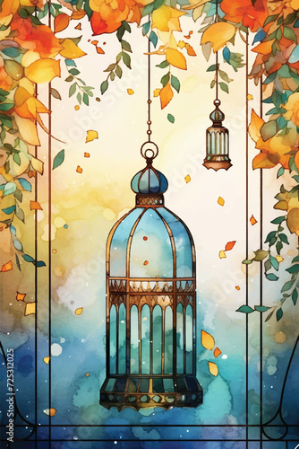 Ramadan Kareem watercolor poster, card, holiday cover set. Arabic text translation Ramadan Kareem. Modern beautiful design template in pastel colors with mosque and arabic lamp.