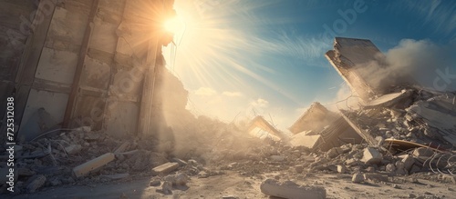 Strike causes destruction of industrial concrete building, creating a scene of debris, dust, and crashed structures under a rising sun and blue sky.