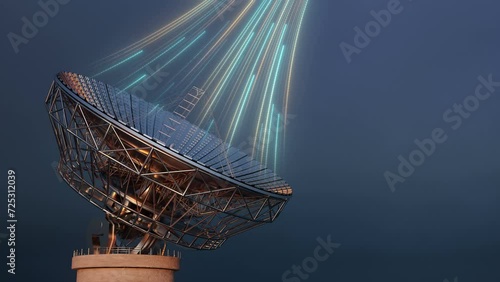 3d Animation of a satellite dish rotating and beaming signals to space